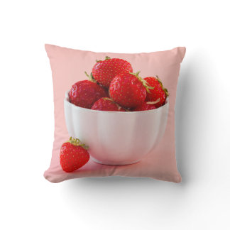 Fresh Red Strawberries In White Bowl Pink Summer Throw Pillow