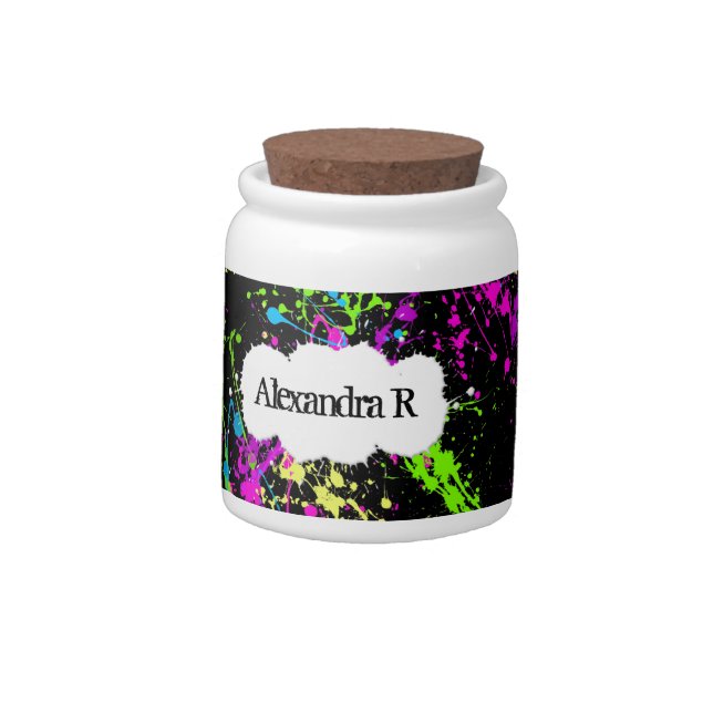 Fresh Retro Neon Paint Splatter on Black Candy Jar (Left)