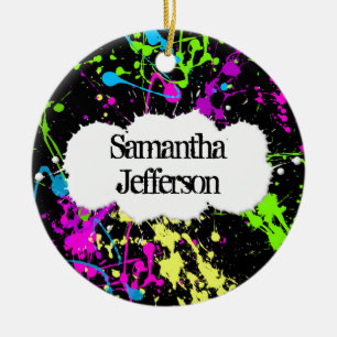 Fresh Retro Neon Paint Splatter on Black Ceramic Ornament