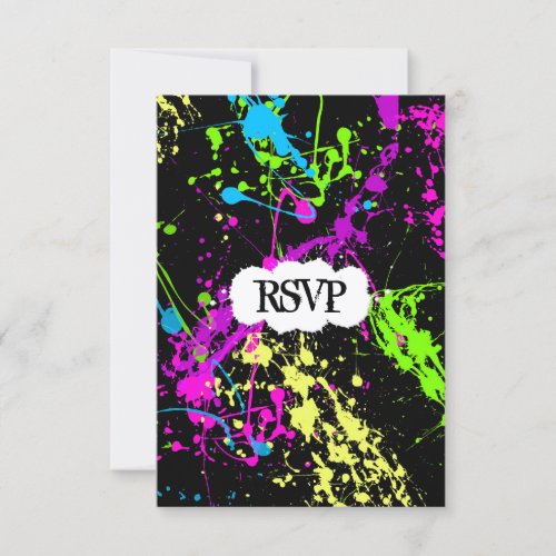 Fresh Retro Neon Paint Splatter on Black Personalized Announcements