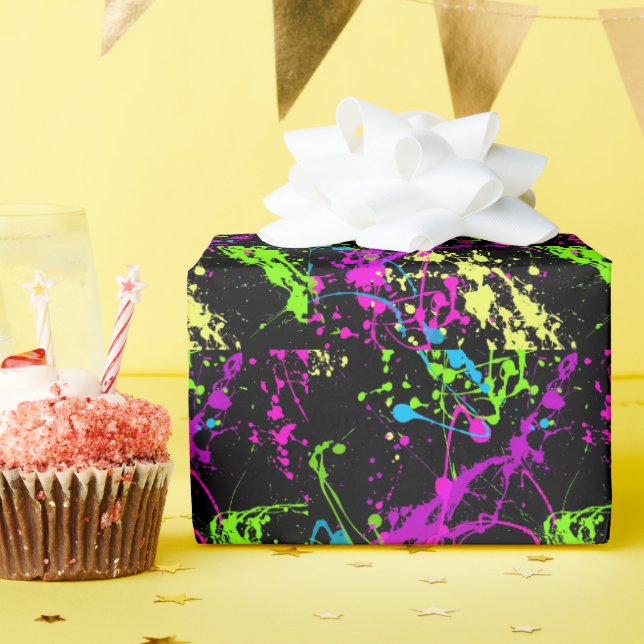 Fresh Retro Neon Paint Splatter Wrapping Paper (Birthday Party)