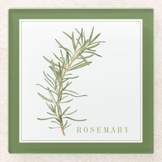 FRESH ROSEMARY Glass Drink Coaster (+text) Green (Front)