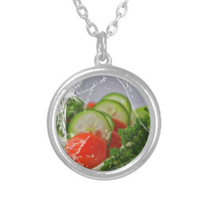 Fresh Salad Cucumber Tomato Silver Plated Necklace