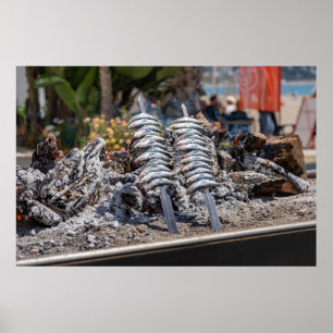 Fresh Sardines Grilling Over Open Flame on Beach Poster