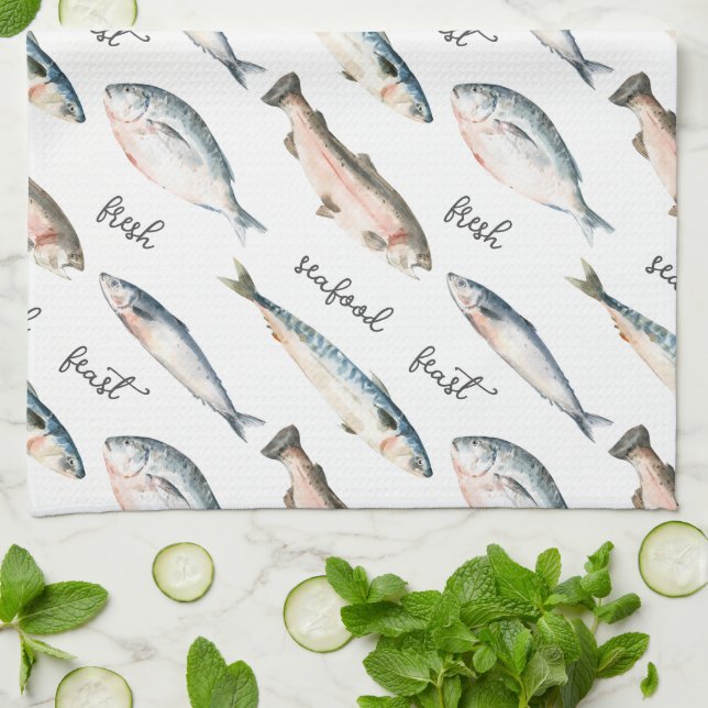 Fresh Seafood Fish Feast Kitchen Towel (Folded)