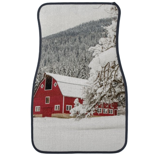 Fresh snow on red barn car mat (Front)