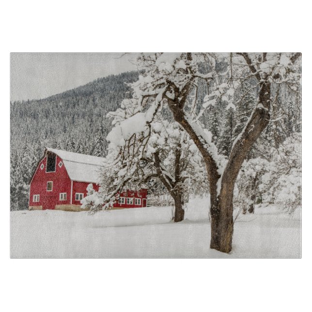 Fresh snow on red barn cutting board (Front)
