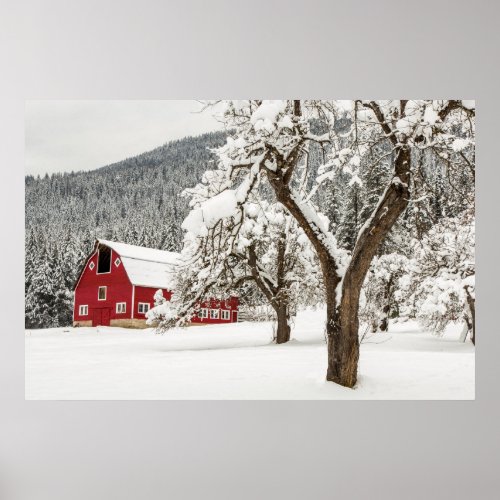 Fresh snow on red barn poster