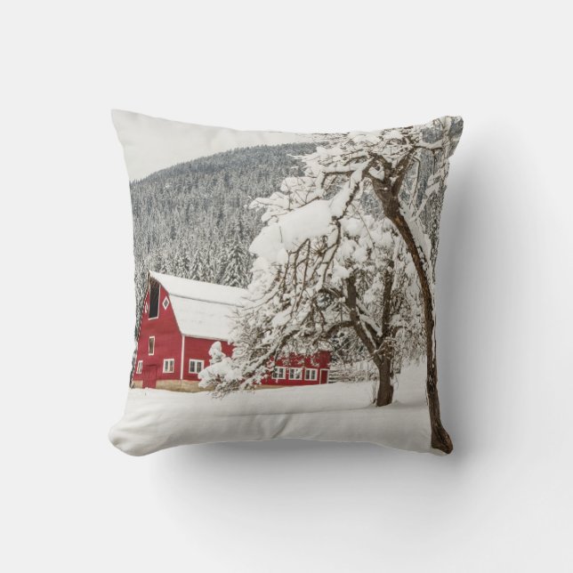 Fresh snow on red barn throw pillow (Front)