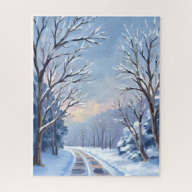 Fresh Snowfall | Winter Road Watercolor Nature Jigsaw Puzzle (Vertical)