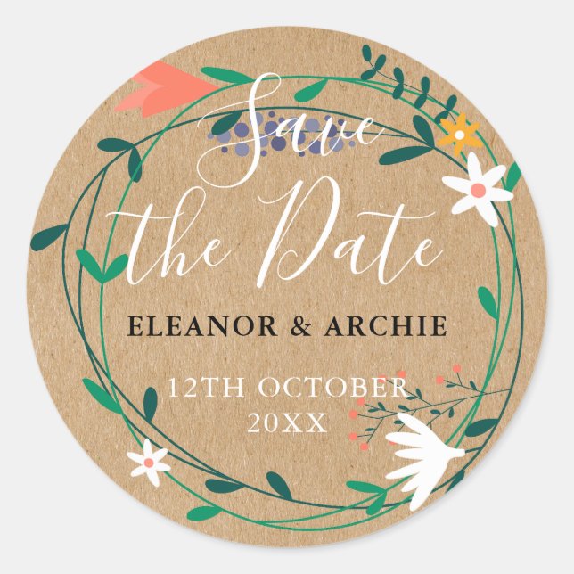 Fresh Spring Floral Garland Save the Date Classic Round Sticker (Front)