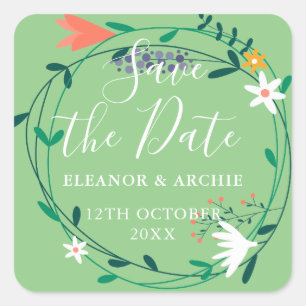 Fresh Spring Floral Garland Save the Date Square Sticker