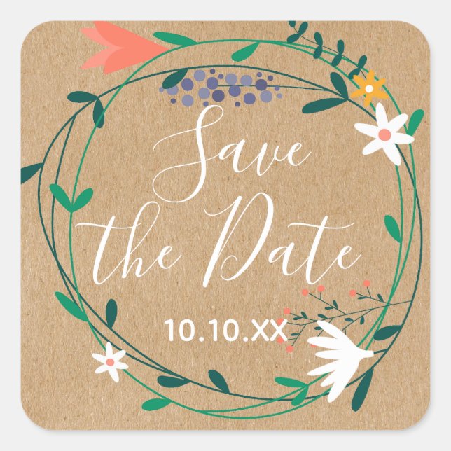 Fresh Spring Floral Garland Save the Date Square Sticker (Front)