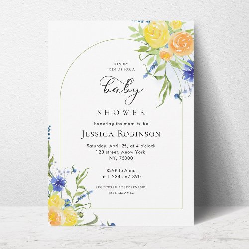 Fresh Spring Floral in Blue  Yellow Baby Shower Invitation
