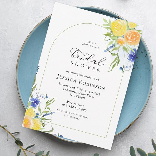 Fresh Spring Floral in Blue  Yellow Bridal Shower Invitation