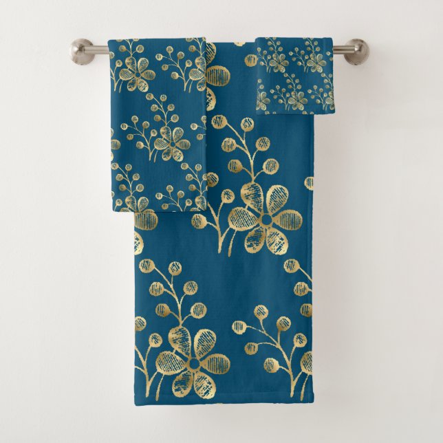 FRESH SPRING GOLD NAVY FLORAL BATHROOM TOWEL SET (Insitu)