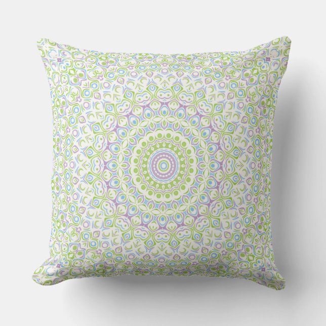 Fresh Spring Mandala in Green, Blue, and Lavender Throw Pillow (Front)