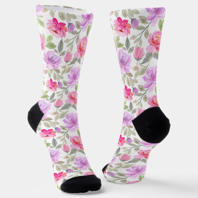Fresh Spring Vibe: Pink and Purple Floral Design Socks (Angled)