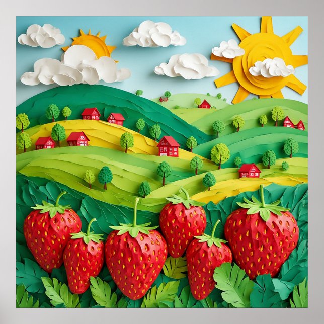 Fresh Strawberries Displayed on Greenfield  Poster (Front)