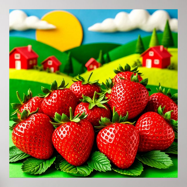 Fresh Strawberries Displayed on Greenfield  Poster (Front)