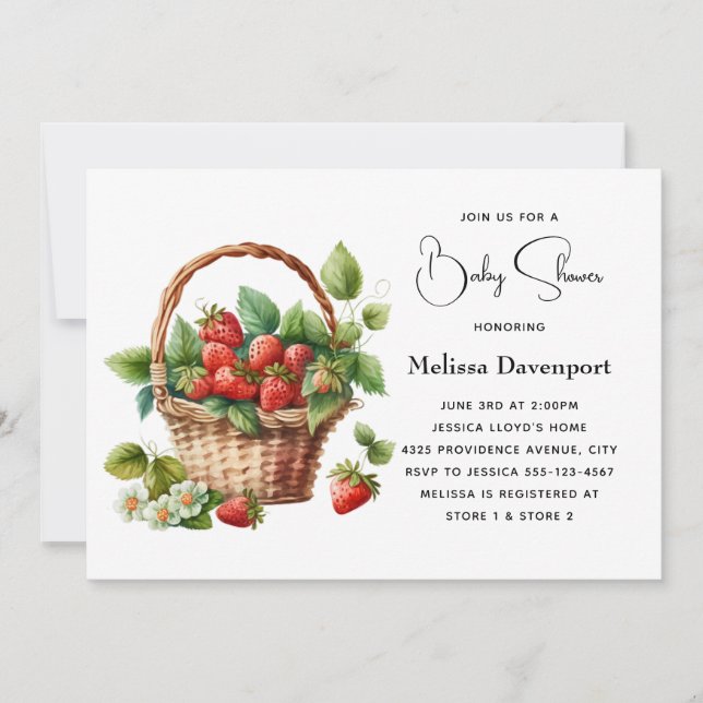 Fresh Strawberries in a Wicker Basket Baby Shower Invitation (Front)