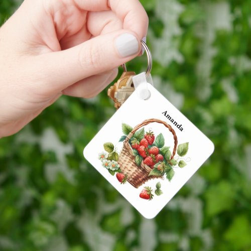 Fresh Strawberries in a Wicker Basket Keychain