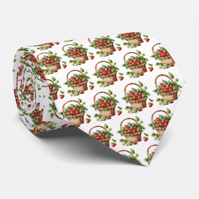 Fresh Strawberries in a Wicker Basket Neck Tie (Rolled)
