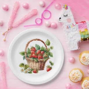 Fresh Strawberries in a Wicker Basket Paper Plates