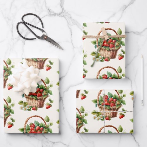Fresh Strawberries in a Wicker Basket Pattern Wrapping Paper Sheets