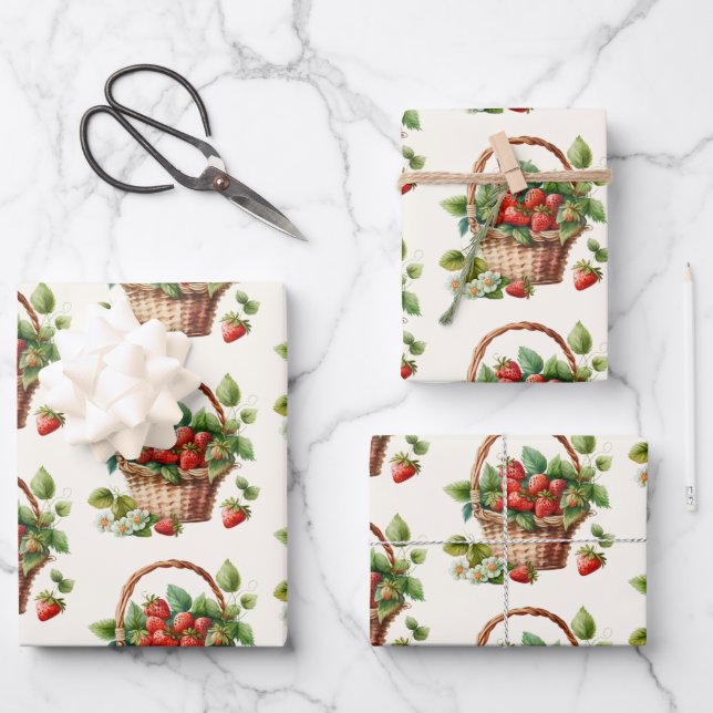 Fresh Strawberries in a Wicker Basket Pattern Wrapping Paper Sheets (Front)