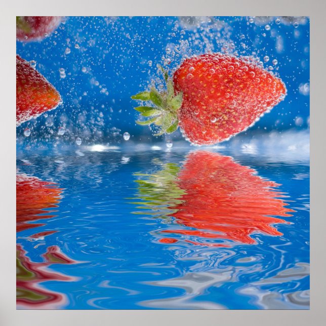Fresh Strawberries Splashing Into Water Poster (Front)