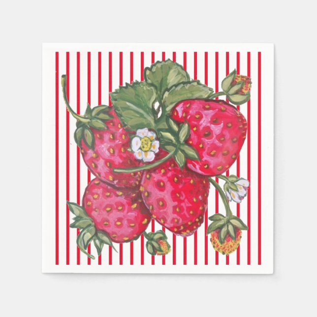 Fresh Strawberry Red White Stripe Summer Dessert Napkins (Front)