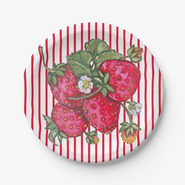 Fresh Strawberry Red White Stripe Summer Dessert Paper Plates (Front)