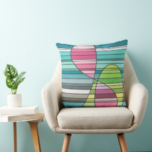Fresh Striped Abstract Pink & Green Curved Shapes Throw Pillow
