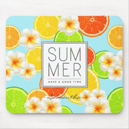 Fresh Summer Fruits and Exotic Plumeria Flowers Mouse Pad