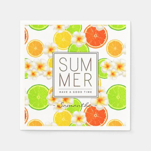 Fresh Summer Fruits and Exotic Plumeria Flowers Paper Napkins