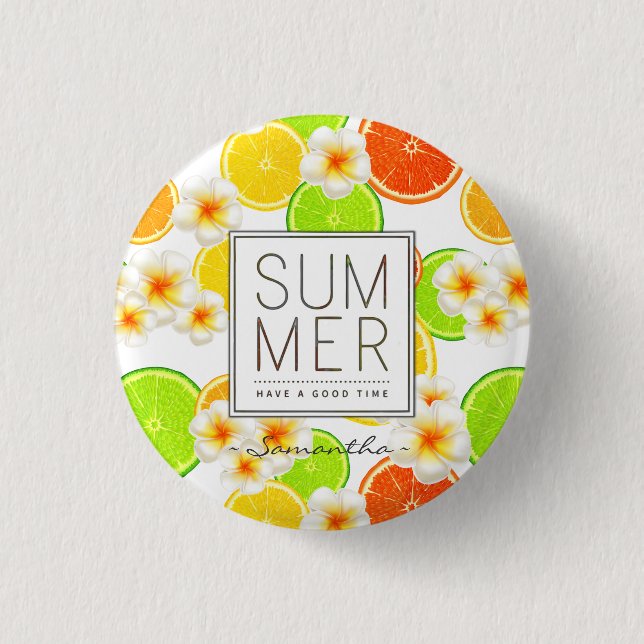 Fresh Summer Fruits and Exotic Plumeria Flowers Pinback Button (Front)