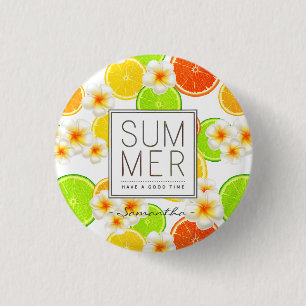 Fresh Summer Fruits and Exotic Plumeria Flowers Pinback Button