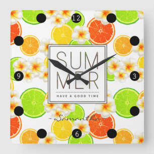 Fresh Summer Fruits and Exotic Plumeria Flowers Square Wall Clock