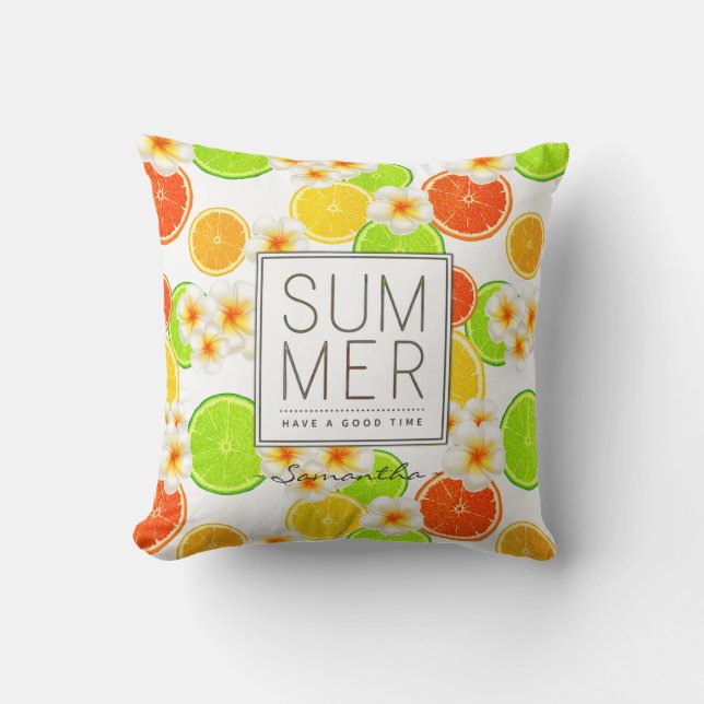 Fresh Summer Fruits and Exotic Plumeria Flowers Throw Pillow (Front)