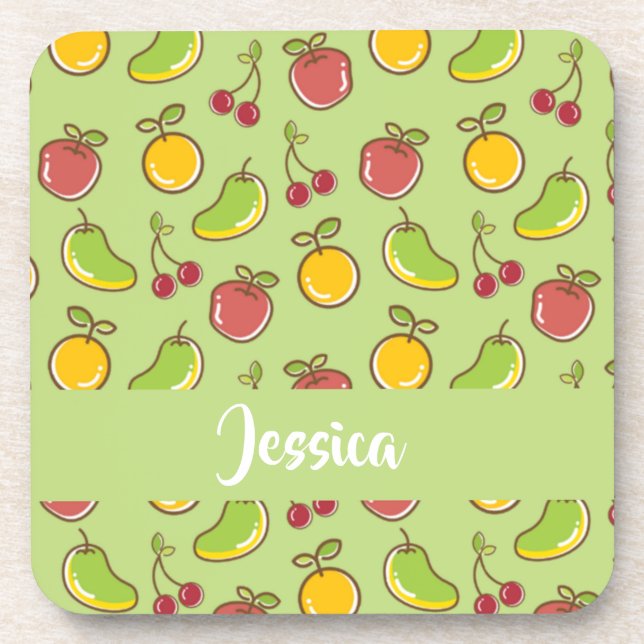 Fresh summer fruits green pattern beverage coaster (Front)