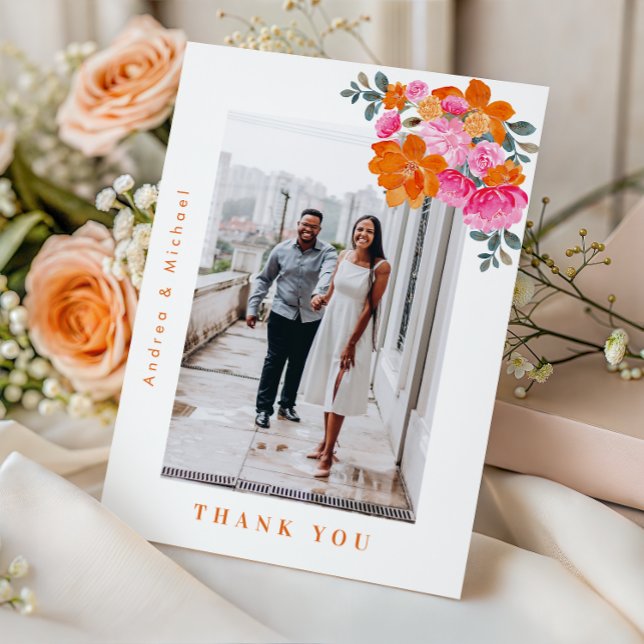 Fresh Summer Pink & Orange Floral Photo Wedding    Thank You Card (Creator Uploaded)