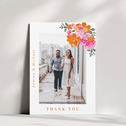 Fresh Summer Pink  Orange Floral Photo Wedding    Thank You Card