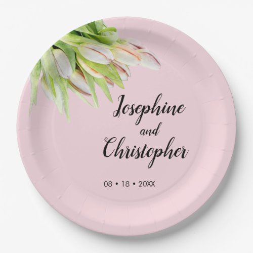 Fresh summer tulip pink green engagement wedding paper plates