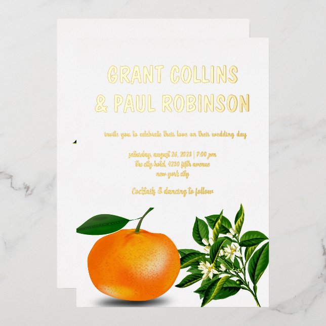 Fresh Tangerine  Leaves Foil Invitation (Front/Back)