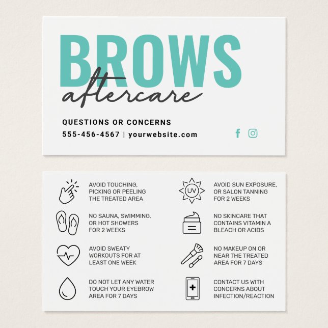 Fresh Teal Modern Brows Aftercare Guide (Front & Back)