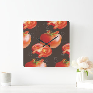 Fresh Tomato Pattern: Juicy Red Kitchen Art Square Wall Clock