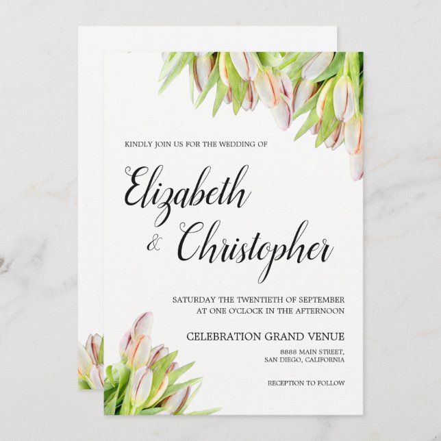 Fresh Tulip Flowers Elegant Pink Green Wedding Invitation (Front/Back)