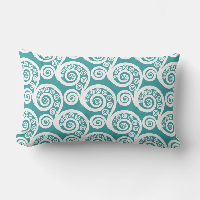 Fresh Turquoise-Black & White Curls Lumbar Pillow (Front)