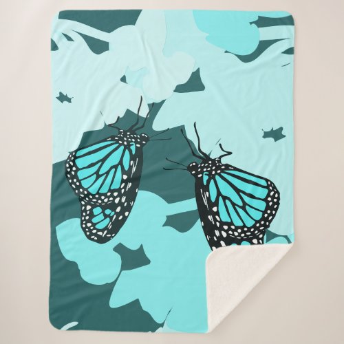 Fresh Turquoise Feeding Monarch Butterfly Pair Sherpa Blanket